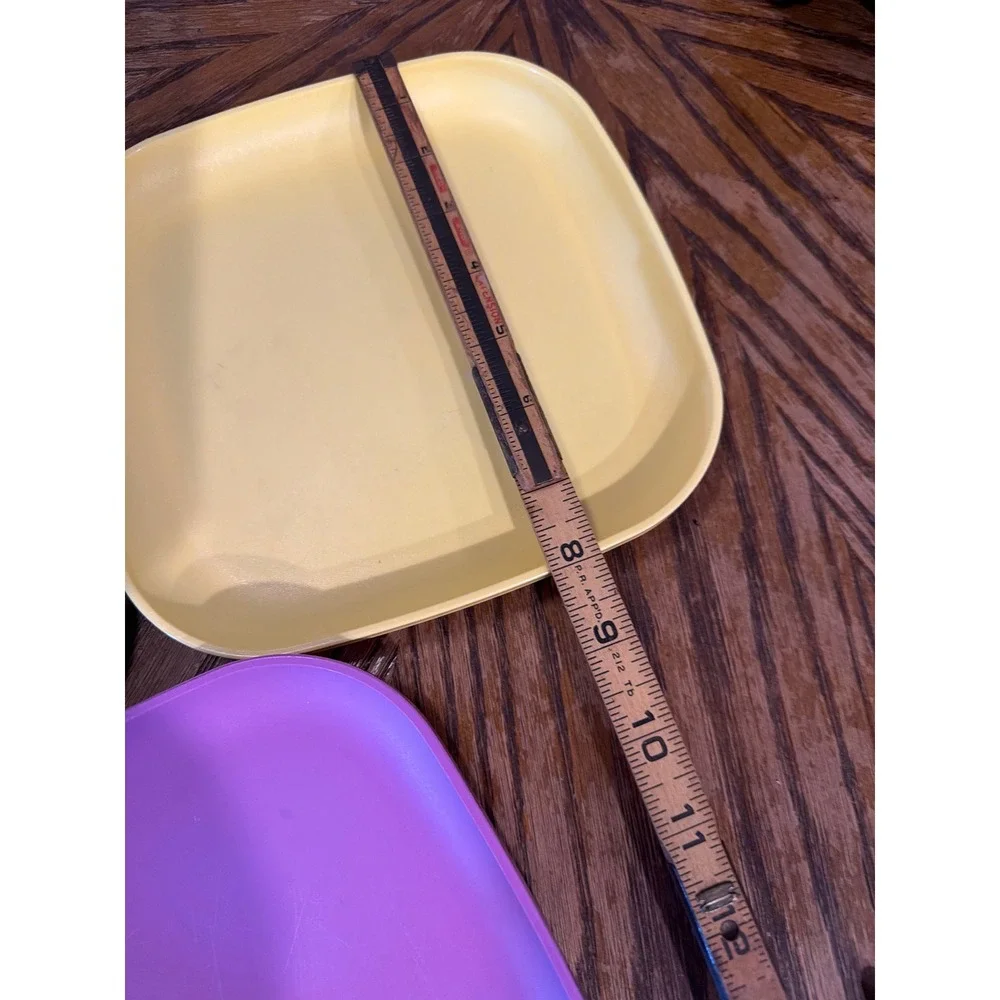 Vintage Tupperware Square Plates Set of 3 Teal Yellow Purple 8 Inch Luncheon